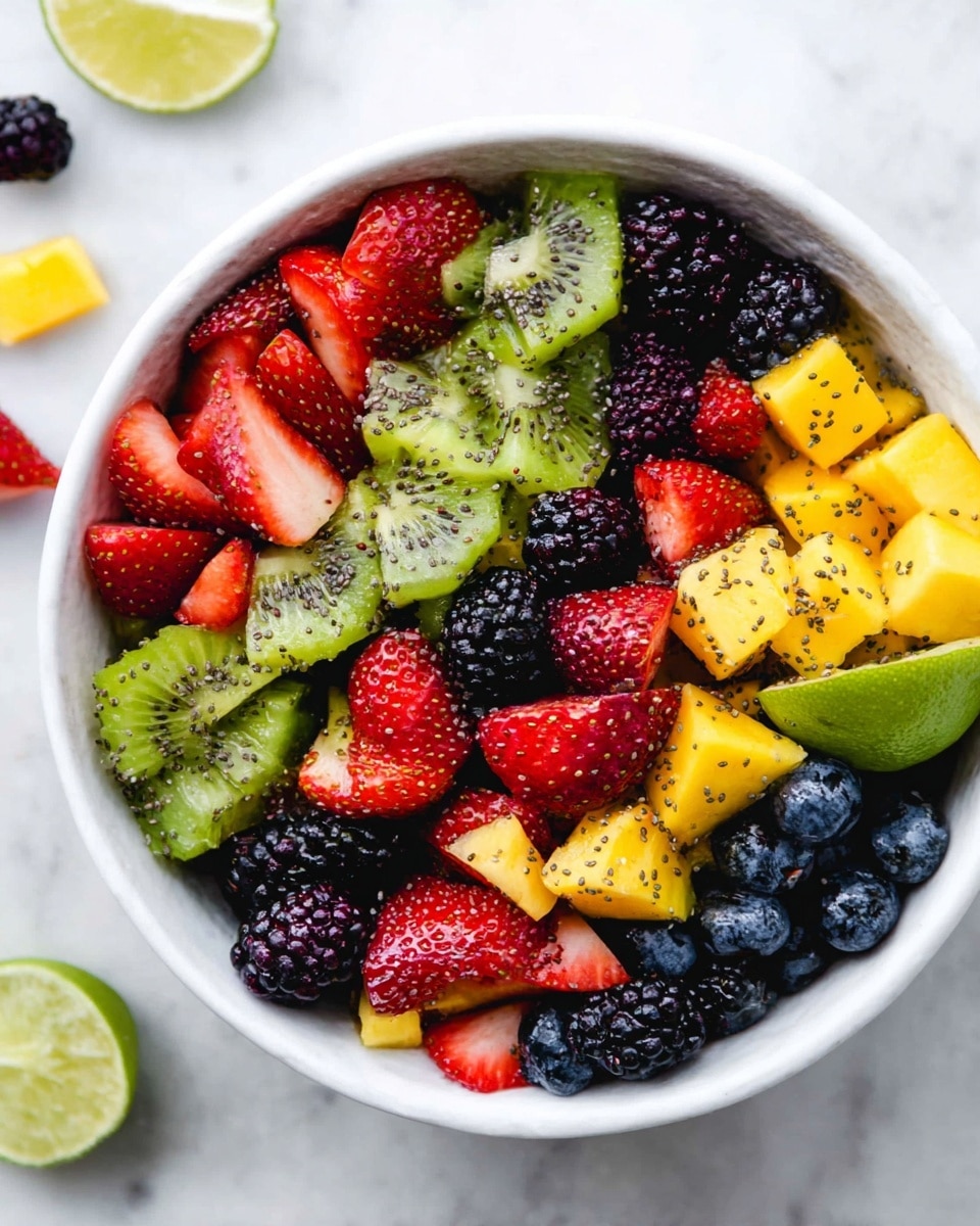 A white bowl filled with a colorful fruit salad showing an even layer of mixed fruits including red strawberry halves with pointed edges, green kiwi slices with tiny black seeds, bright yellow mango cubes, dark purple blackberries with bumpy texture, and blue blueberries with smooth skin; small black chia seeds are sprinkled evenly over the fruits, and a bright green lime wedge rests near the center. The background is a white marbled surface with scattered fruit pieces around the bowl. photo taken with an iphone --ar 4:5 --v 7