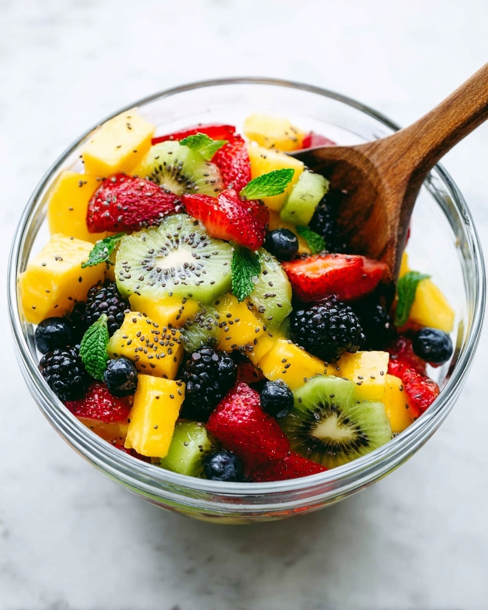 A clear glass bowl filled with a colorful fruit salad featuring layers of chopped green kiwi slices with visible black seeds, bright yellow mango cubes, whole dark blackberries, halved red strawberries showing their juicy texture, and small round blue blueberries. The fruits are mixed evenly and sprinkled with tiny black chia seeds and thin green mint leaves scattered on top. A wooden spoon is partially immersed on the right side of the bowl, resting against the fruit. The bowl sits on a white marbled surface. photo taken with an iphone --ar 4:5 --v 7