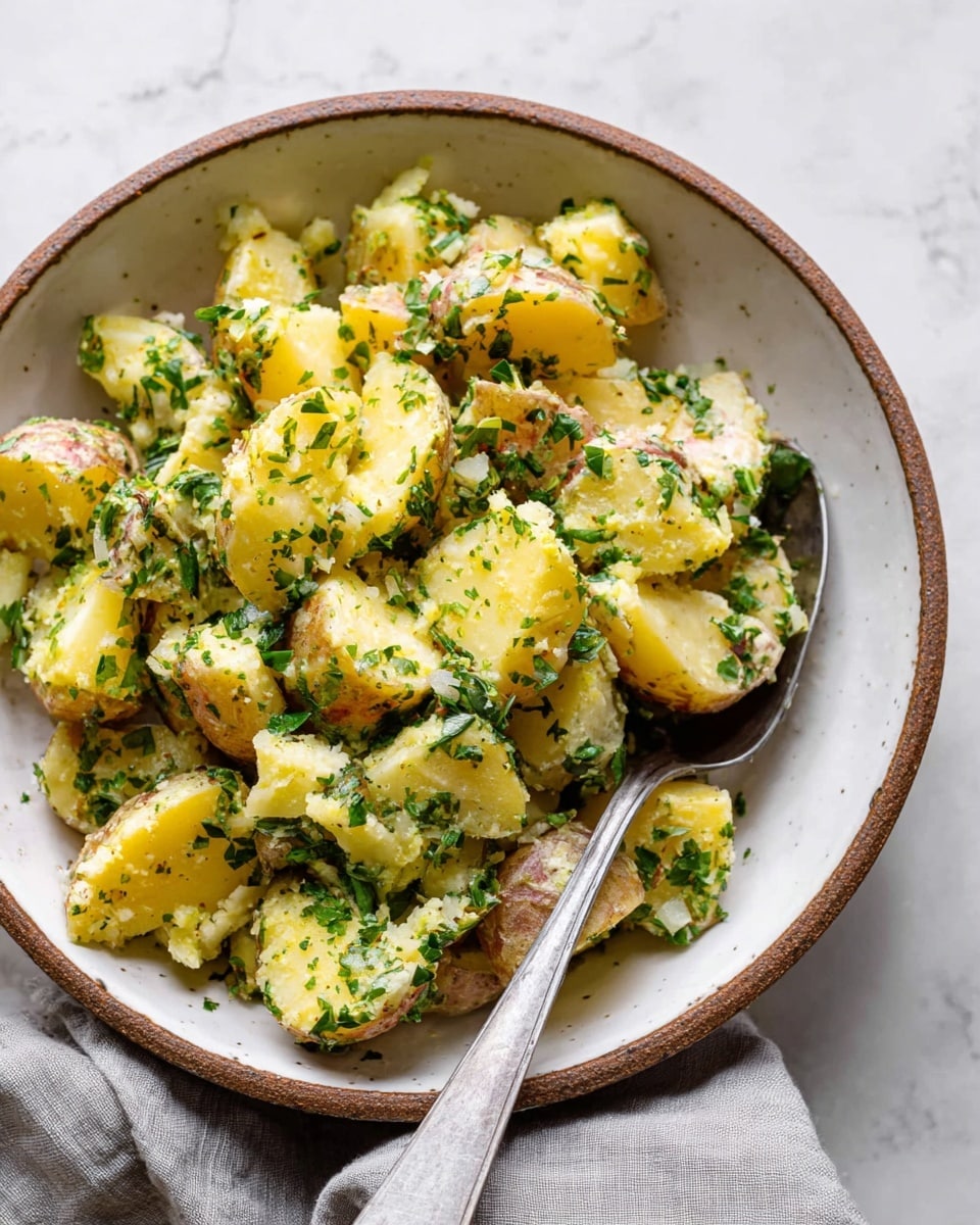 A bowl filled with a salad made of yellow and white potato pieces with skin on, cut into medium chunks and mixed with finely chopped green herbs scattered evenly throughout. The potatoes have a rough, slightly crumbly texture and appear lightly coated in a dressing. A silver spoon is resting in the bowl, with its handle extending out. The bowl is white with a rustic brown rim, placed on a white marbled textured surface with a folded light gray cloth nearby. Photo taken with an iphone --ar 4:5 --v 7