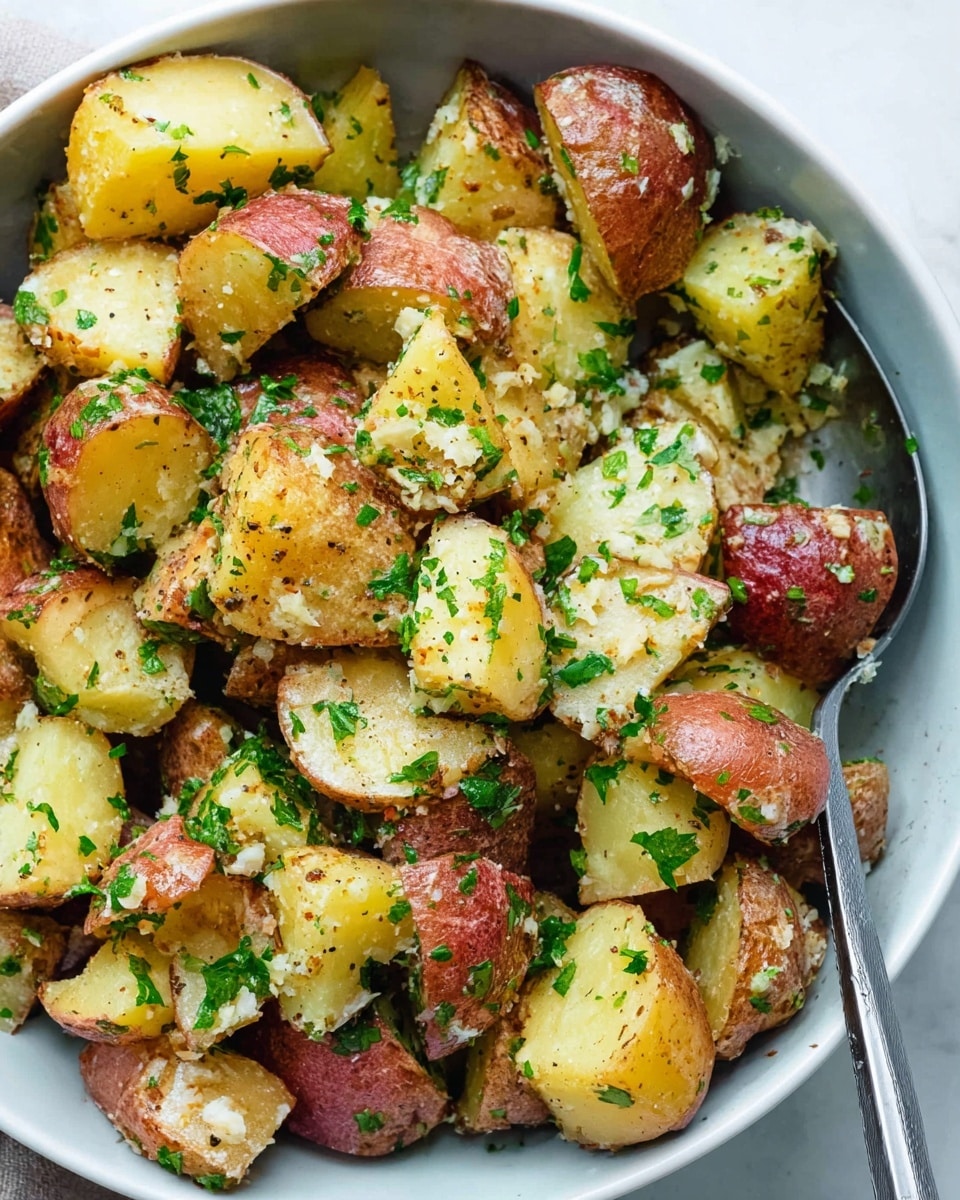 A close-up of a bowl filled with chopped roasted red and yellow potatoes, each piece showing a rough, crisp texture on the skin and soft, creamy inside. The potatoes are mixed with finely chopped green herbs sprinkled all over, adding a fresh touch. The bowl is white, and there is a metal spoon resting inside it, partially covered by the potatoes. The background surface is a white marbled texture. photo taken with an iphone --ar 4:5 --v 7