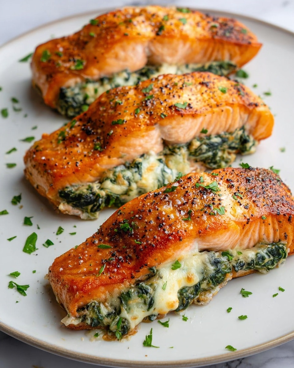 The image shows four pieces of cooked salmon fillets with a golden-brown top layer, each stuffed in the middle with a creamy, green spinach mixture. The salmon has a slightly crispy texture on the edges with some black pepper seasoning visible on top. Each fillet is placed on a smooth, white plate, with small green parsley leaves sprinkled over the fish and plate for garnish. The plate sits on a white marbled surface. photo taken with an iphone --ar 4:5 --v 7