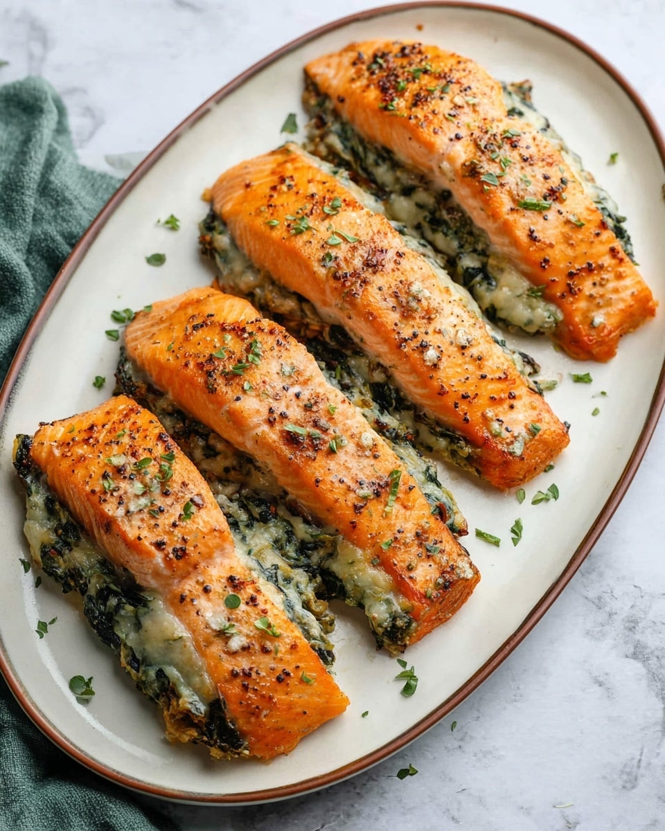 Four pieces of cooked salmon fillets arranged in a row on a white oval plate with a thin brown rim, each fillet split down the middle and filled with a creamy, dark green spinach and cheese mixture. The salmon is a bright orange color with a slightly crispy texture on top, speckled with black pepper and small green herb leaves scattered over and around the fillets. The plate sits on a surface with a white marbled texture, and there is a green fabric napkin partially visible in the lower left corner. photo taken with an iphone --ar 4:5 --v 7