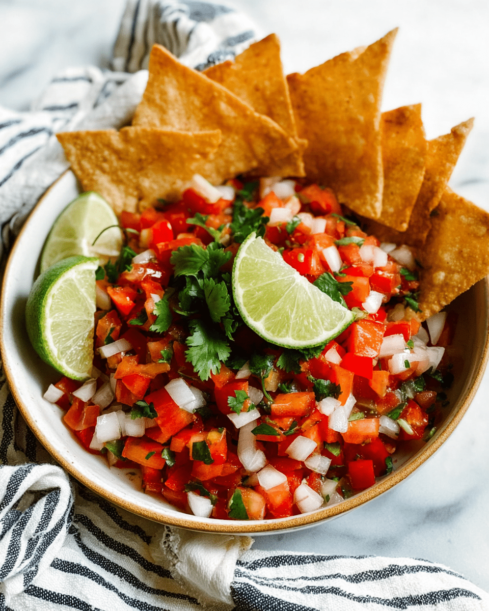 A close-up view of a bowl filled with fresh pico de gallo, showing three main layers: the base layer is diced white onions scattered evenly, followed by a generous layer of chopped bright red tomatoes mixed with small bits of green cilantro throughout, and on top are four golden brown, crispy tortilla chips standing upright near the edge of the bowl. In the center, two lime wedges with light green flesh rest, accompanied by a small bunch of fresh dark green cilantro leaves. The bowl is white with a subtle beige rim, sitting on a white marbled surface, with a striped white and dark gray cloth partially visible beside it. Photo taken with an iphone --ar 4:5 --v 7