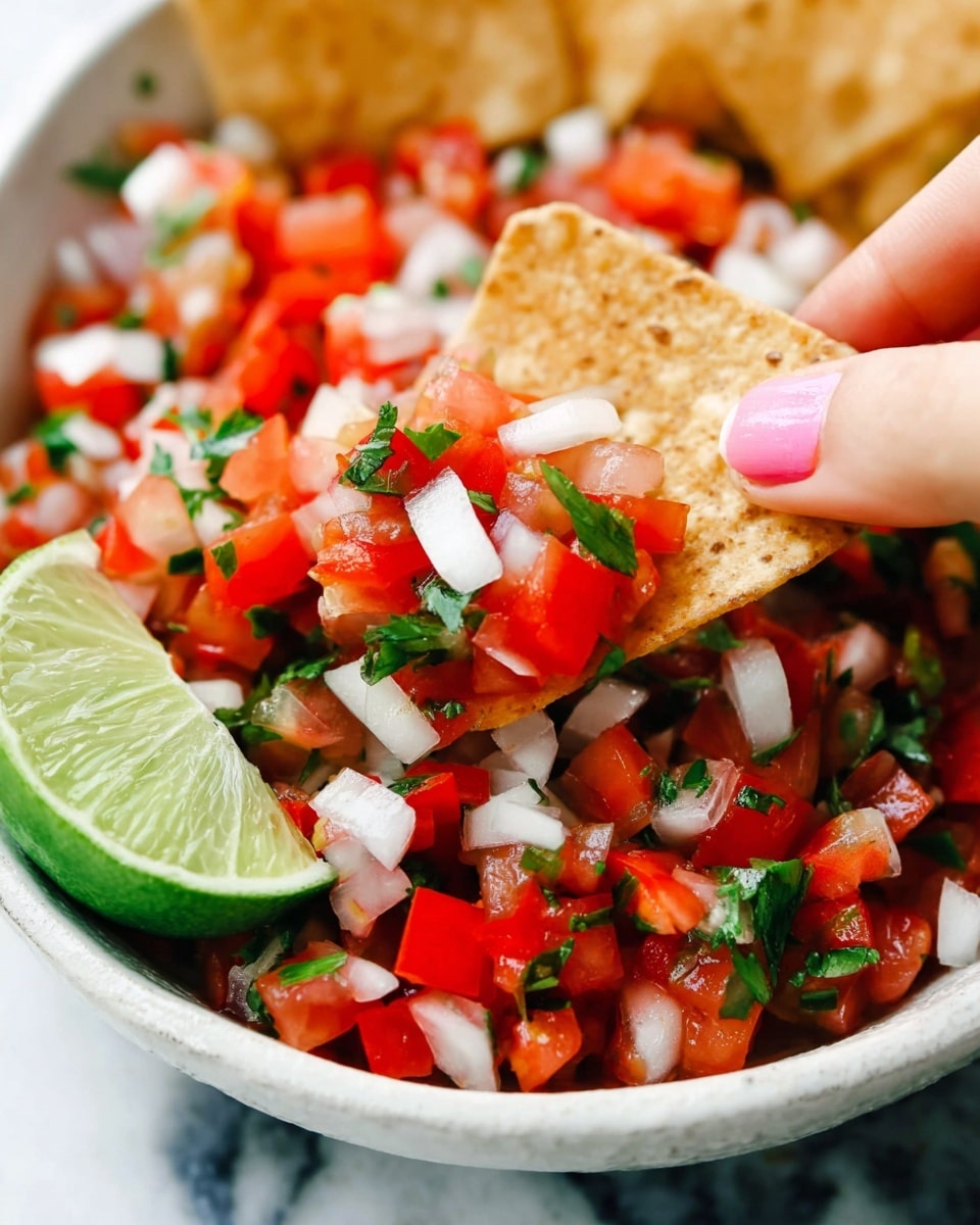 A close-up shot of a white bowl filled with fresh pico de gallo consisting of layered diced red tomatoes, white onions, and green cilantro evenly mixed together, with a wedge of lime on the left side adding a bright green accent. A golden brown chip is being dipped into the mix, held by a woman's hand with light pink nail polish, showing texture details on the chip and fresh juice on the vegetables. The background is a white marbled surface, highlighting the vivid colors of the salsa. photo taken with an iphone --ar 4:5 --v 7