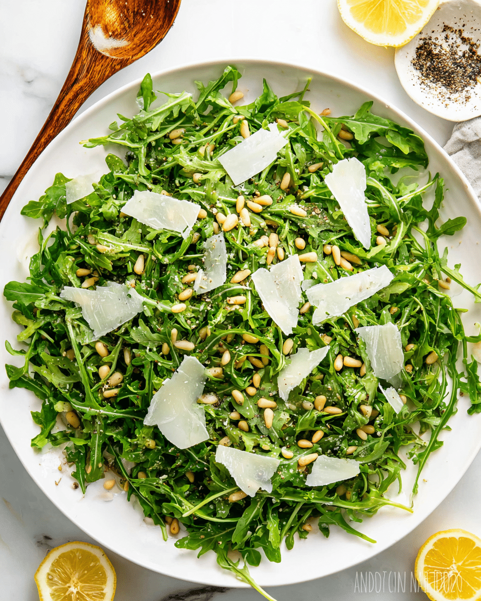 A large white round plate filled with a fresh green arugula salad as the base layer, topped with small, light tan pine nuts scattered evenly across. Thin, irregularly shaped shavings of pale off-white cheese are spread over the salad, adding texture. The salad appears lightly dressed, with tiny dark specks of ground pepper visible, adding contrast. The plate sits on a white marbled surface, accompanied by lemon wedges with bright yellow skin and juicy interiors placed near the top right and bottom left corners. A wooden spoon with some dark seasoning residue is positioned near the top left edge. photo taken with an iphone --ar 4:5 --v 7