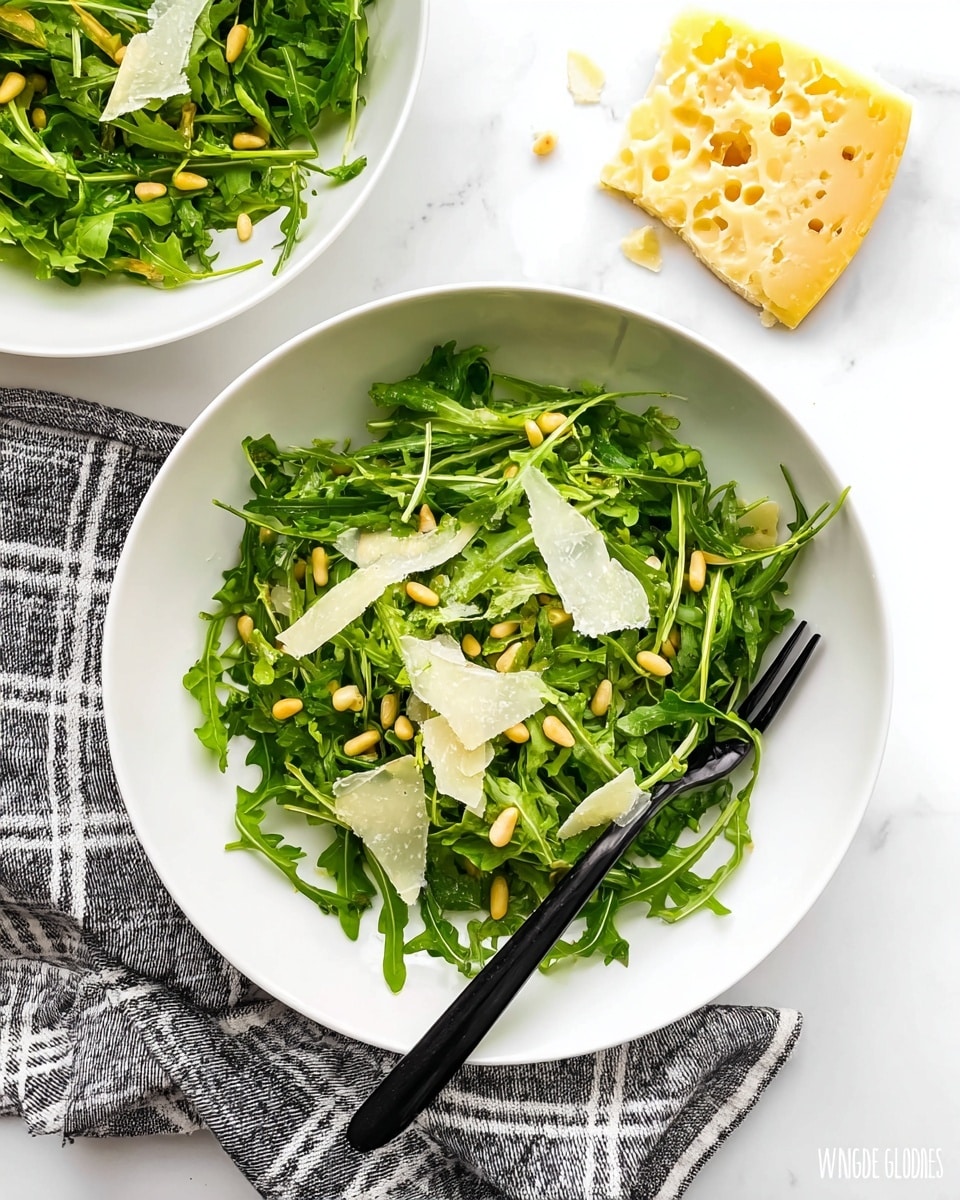A white shallow bowl filled with a fresh green salad made of arugula leaves as the base layer, topped with scattered pine nuts adding a small yellow-beige detail, and thin, irregularly shaped shavings of pale yellow Parmesan cheese spread evenly on top. A black fork rests on the left side inside the bowl. Another similar bowl with the same salad is partially visible in the upper left corner. To the right, a small piece of hard yellow cheese with tiny holes sits on a gray and white checkered cloth on a white marbled surface. photo taken with an iphone --ar 4:5 --v 7