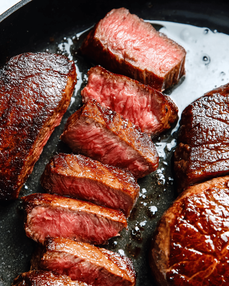 A close-up of medium-rare steak slices arranged diagonally in a black pan, showing five pieces with a warm pink center and seared brown edges. The left side has a larger piece of steak with a rich dark brown charred crust, and the right side shows a rounded whole steak with a golden-brown outer layer, both glistening with oil droplets on the pan's shiny surface. The texture of the meat looks juicy and tender, with slight grill marks visible on some slices. The whole scene is set against a white marbled texture. photo taken with an iphone --ar 4:5 --v 7