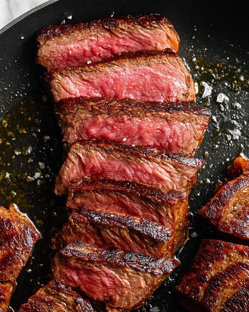 The image shows a close-up of six thick slices of medium-rare steak arranged in a slight curve, resting on a black pan with a shiny layer of oil and small salt crystals. The steak slices have a rich brown, slightly charred crust on the outside, while the inside is a juicy pink with visible texture lines running through the meat. The edges of the steak exhibit a mix of caramelized browns and darker blackened spots, creating a strong contrast with the tender pink center. Additional pieces of steak with the same texture and color sit on either side, adding depth to the image. The background is a white marbled texture. photo taken with an iphone --ar 4:5 --v 7