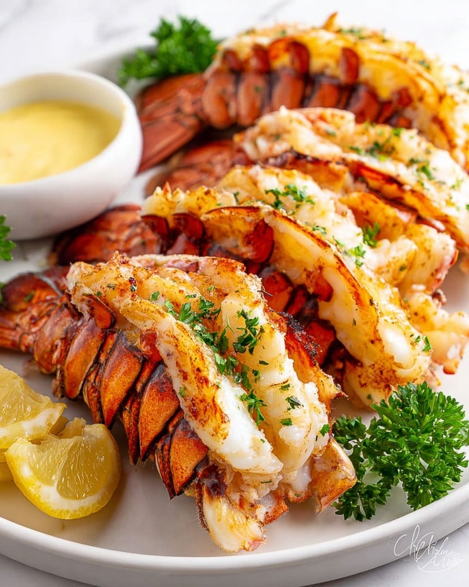 The image shows a white plate with four grilled lobster tails arranged side by side. Each lobster tail has bright orange shells with slight char marks and tender white meat on top, sprinkled with finely chopped green herbs. Around the lobster tails are fresh green parsley sprigs and a few lemon wedges placed on the sides. A small white bowl with melted buttery sauce sits near the top of the plate. The whole scene is set on a white marbled surface. photo taken with an iphone --ar 4:5 --v 7