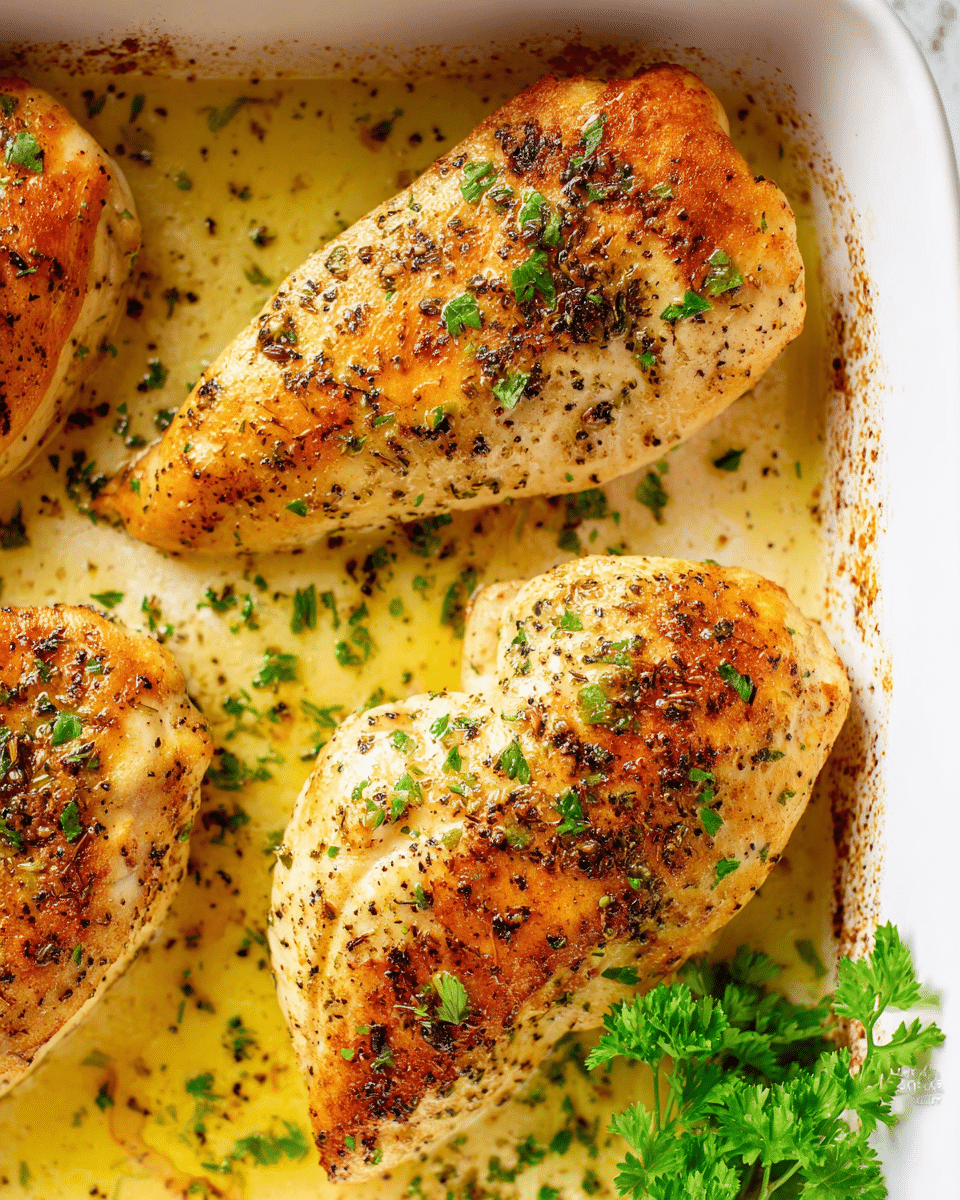 The image shows three pieces of cooked chicken breasts in a white baking dish. Each chicken breast has a golden brown crust, seasoned with black pepper, herbs, and small green parsley flakes scattered on top. The chicken rests in a light yellow buttery sauce that shines and has some browned spots around the edges. There is a small bunch of fresh green parsley placed at the bottom right corner inside the dish. The surface beneath the dish is a white marbled texture. photo taken with an iphone --ar 4:5 --v 7