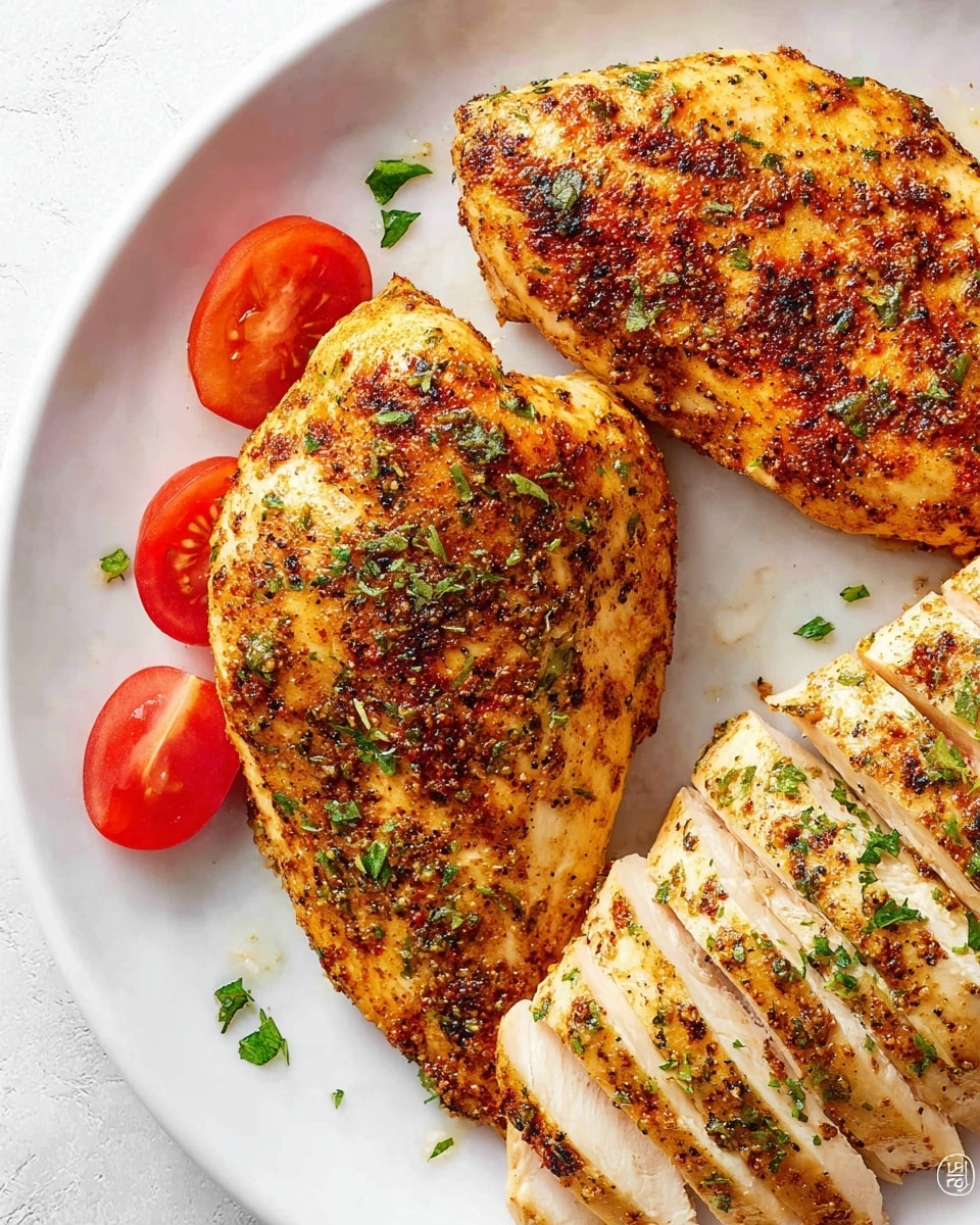 The image shows three pieces of cooked chicken breast on a white plate with a white marbled texture background. The top piece is whole, light golden brown with a crispy texture, and sprinkled with green herbs and spices. The left piece is similar but slightly smaller, showing a coarse spice rub with visible seasoning. The bottom piece is sliced into thin strips, revealing the white, juicy inside with a slightly browned surface. Two red tomato halves are placed near the top left corner of the plate, adding a pop of color. Small green herb pieces are scattered on the plate around the chicken. Photo taken with an iphone --ar 4:5 --v 7