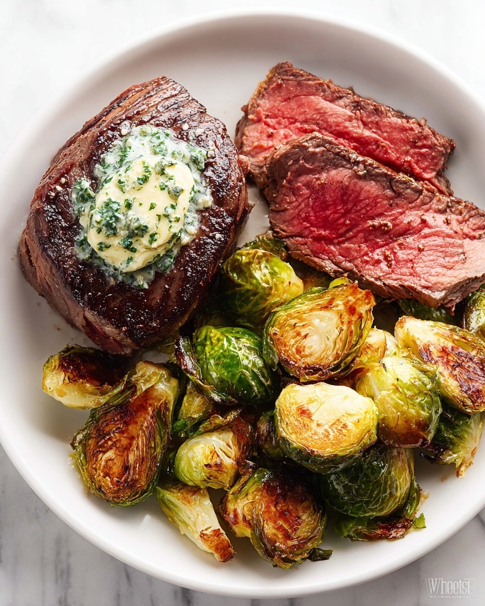 A white plate holds a piece of cooked steak placed toward the top left, showing a dark, seared brown crust with a dollop of green herb butter melting on top. To the right of the steak are two slices of the meat, revealing a pinkish red center with a browned outer edge. Along the bottom half of the plate are halved Brussels sprouts, roasted to a mix of bright green and golden brown with some crispy edges. The plate rests on a white marbled surface. photo taken with an iphone --ar 4:5 --v 7