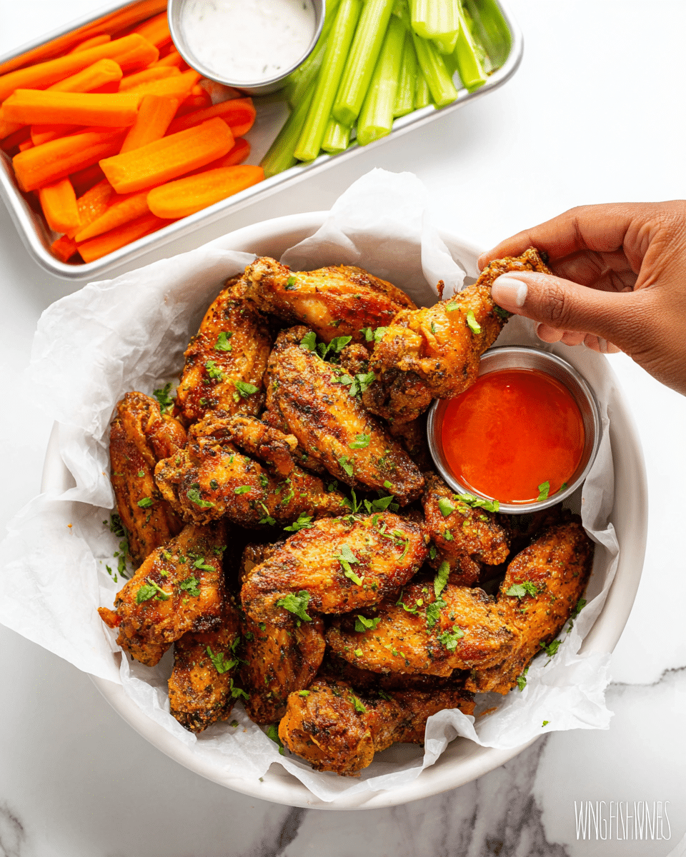 A white bowl lined with white parchment paper holds a large pile of golden brown, crispy chicken wings seasoned with dark spices and sprinkled with small green herb pieces. To the left side inside the bowl, there is a small round metal container filled with bright red dipping sauce. The chicken wings have a textured, crunchy surface with some darker, crispier spots and soft, juicy-looking meat underneath. The bowl is set on a white marbled surface with the corner of a green bowl partially visible on the right side. Photo taken with an iphone --ar 4:5 --v 7
