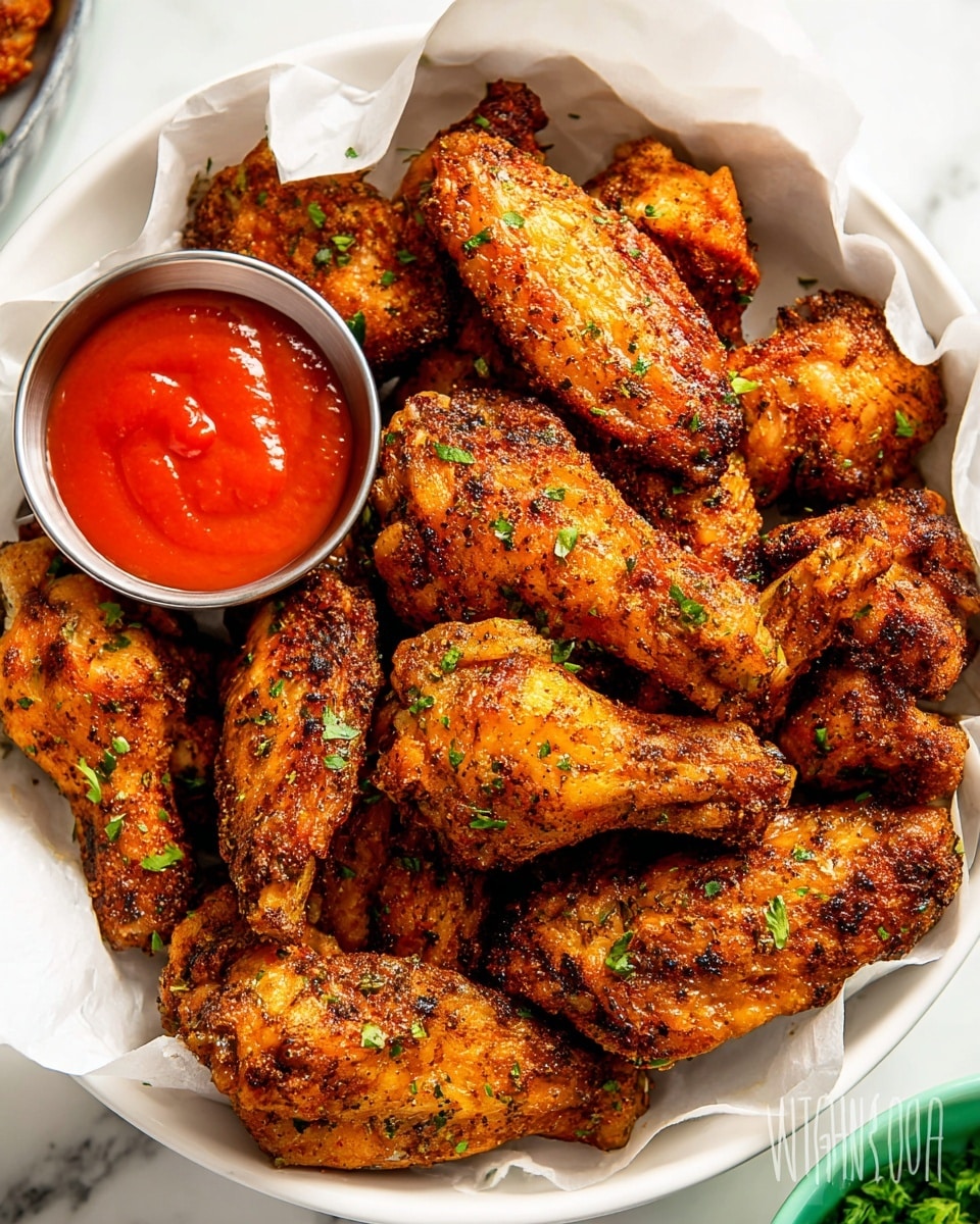 A white round bowl lined with white parchment paper holds a large pile of well-seasoned, golden-brown fried chicken wings, sprinkled with small chopped green herbs. A small metal cup filled with bright orange-red hot sauce sits near the center of the bowl. At the top left, a woman's hand is picking up one chicken wing and dipping it into the hot sauce. Behind the bowl, there is a white rectangular tray filled with crisp, bright orange carrot sticks on the left and fresh green celery sticks on the right, with a small metal cup of creamy white ranch dressing in the middle. The whole setup is on a white marbled surface. photo taken with an iphone --ar 4:5 --v 7