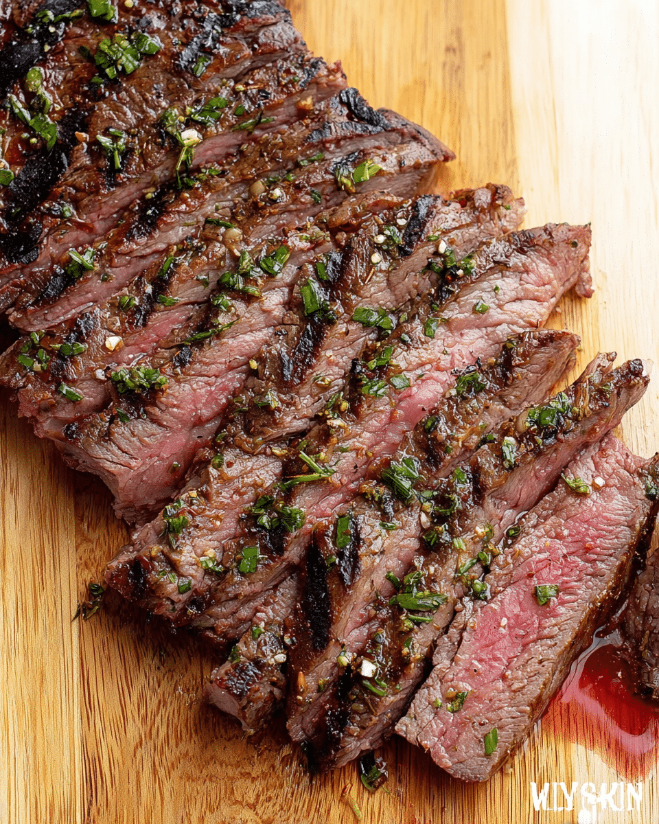 A close-up of a dish with two slices of medium-rare steak lying flat on a white plate, showing a pink center with a browned outer edge, topped with a round dollop of pale yellow herb butter that has green flecks. The steak is sprinkled with coarse salt and small green herbs. On the right side of the plate, a small portion of bright green and yellow steamed broccoli sits next to the steak. The plate rests on a white marbled surface. photo taken with an iphone --ar 4:5 --v 7