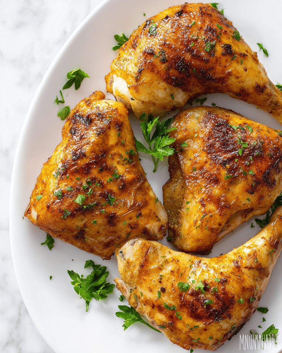 The image shows a close-up of three cooked chicken leg quarters on a white plate placed on a white marbled surface. Each chicken piece has a golden brown and crispy skin with grill marks and is sprinkled with finely chopped green herbs, likely parsley, adding a touch of freshness. The chicken skin glistens with a light coating of oil or butter, giving it a juicy and tender appearance. Around the chicken, there are small sprigs of fresh green parsley for garnish. The photo is bright with natural light, emphasizing the texture and color of the chicken skin. Photo taken with an iphone --ar 4:5 --v 7