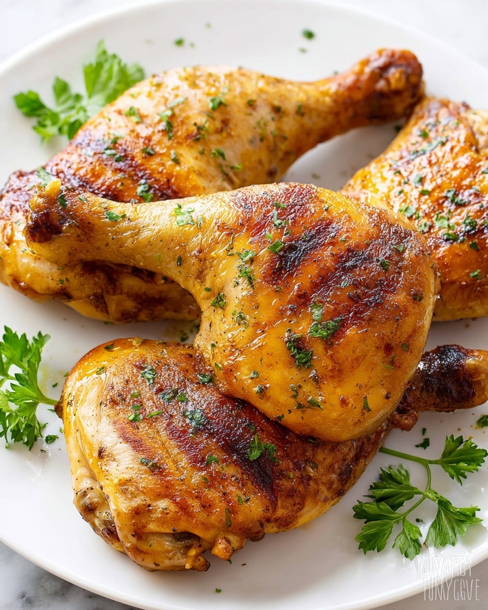 A white plate holds four golden brown roasted chicken leg quarters, each piece showing a crisp, well-seasoned skin with a light shine from the cooking oil or juices. The chicken pieces have a slightly charred texture in areas, adding depth to the golden color, and are sprinkled with small bits of chopped green parsley. The parsley leaves add a fresh bright contrast, some scattered on the plate around the chicken. The background is a white marbled texture. photo taken with an iphone --ar 4:5 --v 7