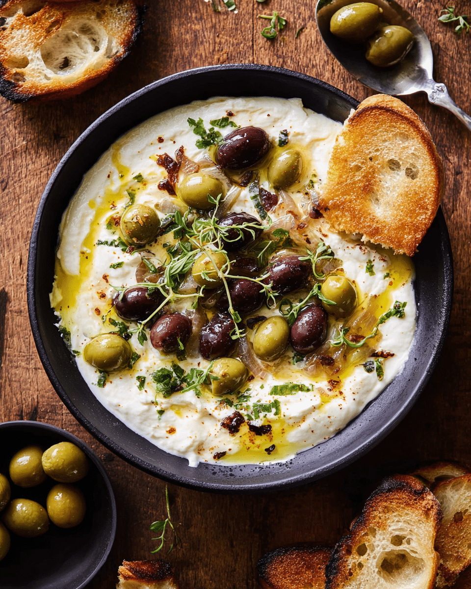 A black bowl filled with a creamy white mixture forms the base, topped with green and dark purple olives scattered unevenly across the surface. There are light brown roasted onion pieces and small green herb sprigs, adding texture and color contrast. A drizzle of golden olive oil pools slightly on top, mixing with the creamy base. A toasted, golden-brown slice of bread is partially dipped into the bowl on the right edge. The bowl sits on a wooden surface, with some toasted bread slices and a small dish with olives and a spoon nearby. Photo taken with an iphone --ar 4:5 --v 7