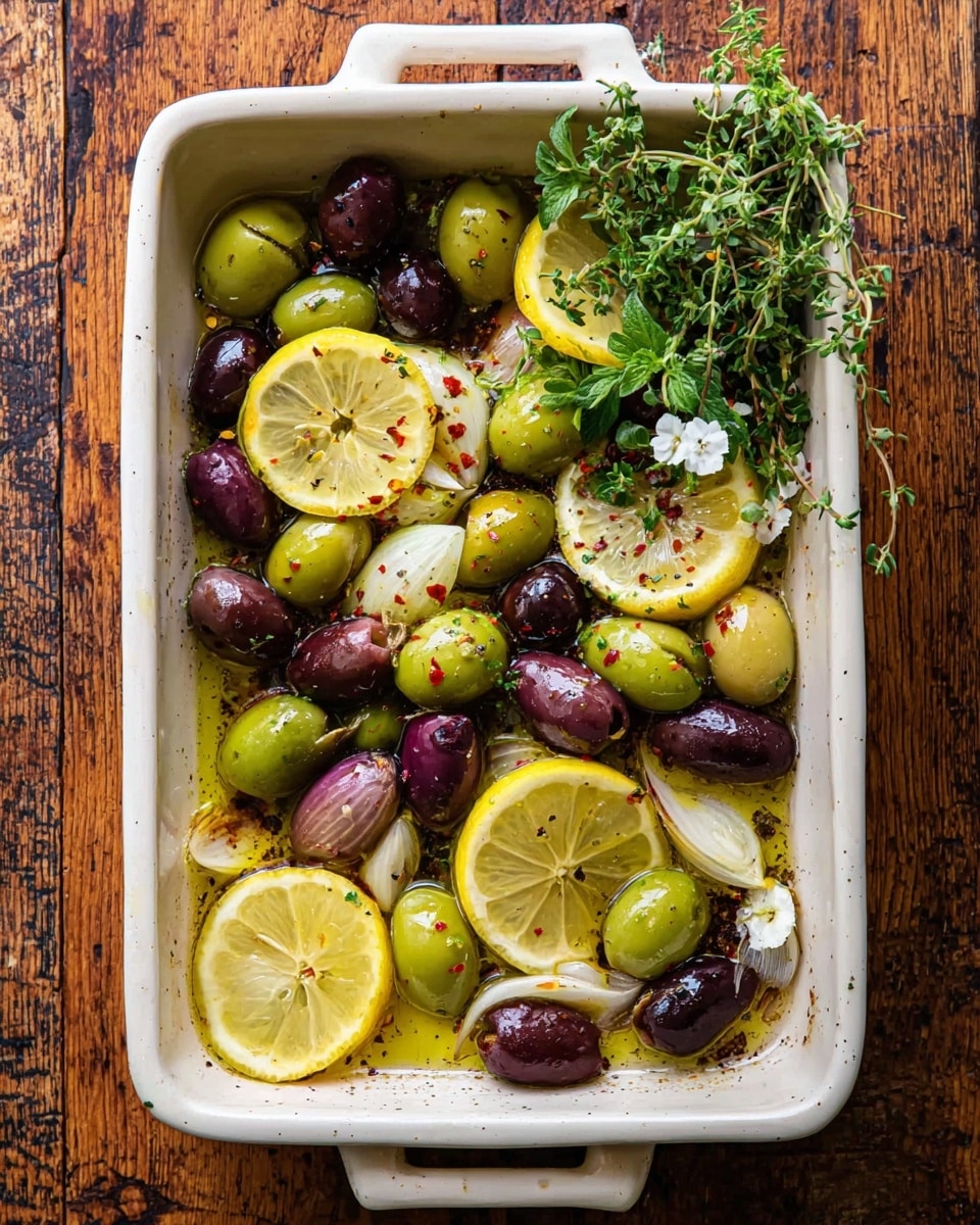 A white rectangular baking dish holds a mix of large green and purple olives as the base layer. Scattered on top are wedges of bright yellow lemon with visible juice drops, and several peeled garlic cloves. Thin slices of white onion add a crisp texture, lightly sprinkled with red chili flakes. Fresh green herb sprigs, including thyme and oregano, rest on one side, adding a touch of leafiness and small white flowers. The dish stands on a rustic wooden surface, and the olives and lemon wedges shine with a light drizzle of oil. Photo taken with an iphone --ar 4:5 --v 7