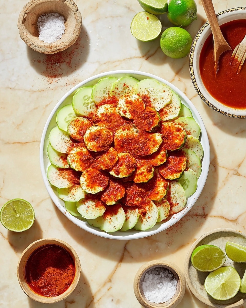 A white round plate filled with two layers of sliced cucumber and jicama arranged in a circle. The bottom layer shows pale green cucumber slices with a smooth texture, while on top sits a second layer of white jicama slices drenched in bright red chili powder and sauce, giving a rough, spicy look. Extra chili powder is sprinkled across the dish, adding texture and color contrast. Around the plate are fresh lime wedges, a small bowl of red chili sauce, another bowl with chili powder, and a wooden spoon resting in a small bowl of coarse salt; all set on a white marbled surface. Photo taken with an iphone --ar 4:5 --v 7