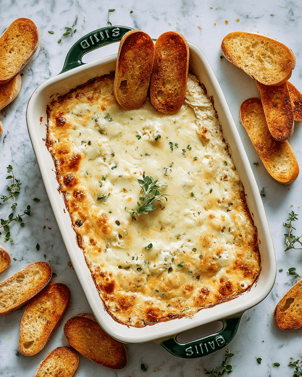 A white rectangular baking dish filled with a cheesy dip that has a golden-brown melted cheese layer on top, showing some bubbling and slight crispness around the edges. Three golden toasted baguette slices are partly dipped into the cheesy mixture at the top left corner, and more toasted slices are scattered around the dish on a white marbled surface. Small green herb leaves are dotted on the cheese, with one small sprig placed in the center for garnish. The dish handle is dark green with the brand name embossed on it. Photo taken with an iphone --ar 4:5 --v 7