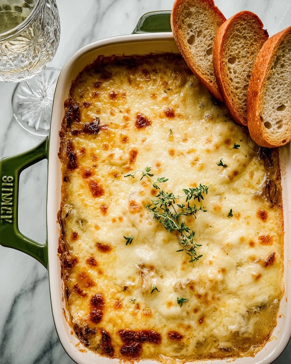 The dish is a baked French onion soup presented in a white rectangular casserole dish with green handles. The top layer is a golden to light brown bubbly melted cheese covering the full surface with a slightly crispy texture. Under the cheese, some dark caramelized onion bits peek through at the edges. Three toasted slices of light brown crusty bread are placed standing vertically along one corner of the dish. A small sprig of fresh green thyme is laid on top of the cheese for garnish. The casserole is set on a surface with a white marbled texture next to a crystal glass filled with water. photo taken with an iphone --ar 4:5 --v 7