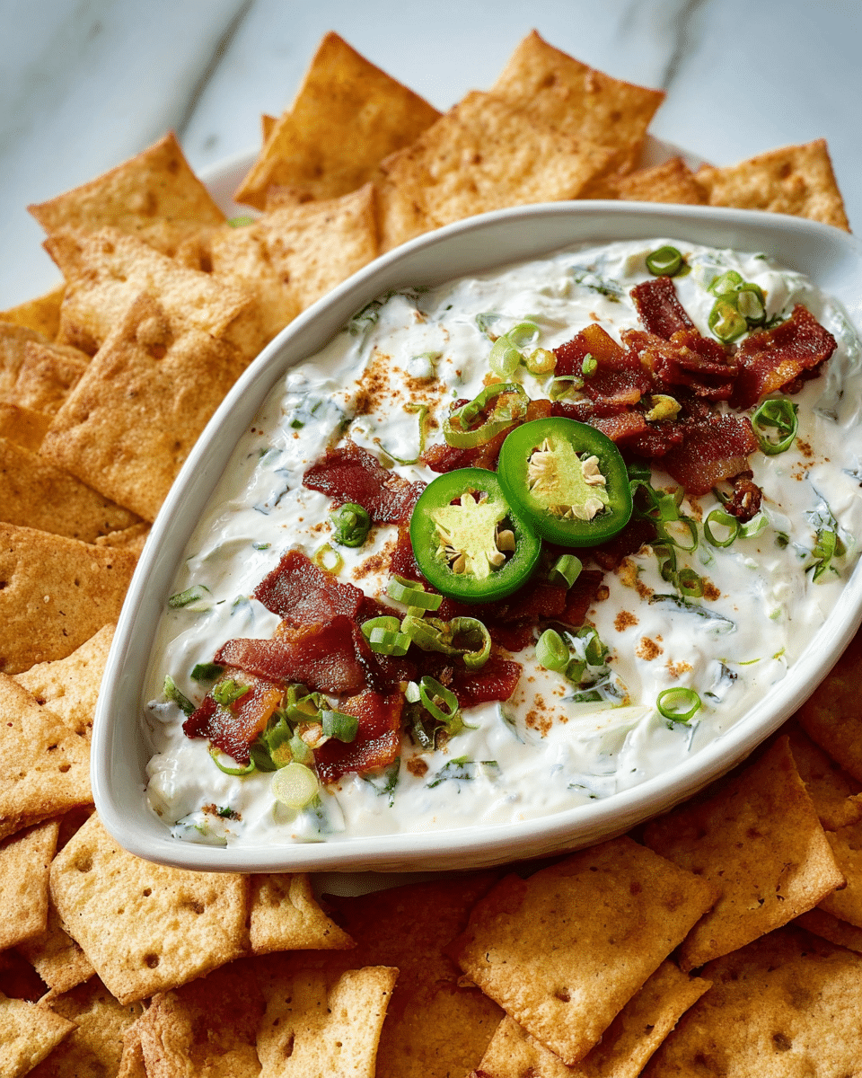 A white oval bowl is filled with creamy white dip that has small green herb bits mixed in. On top, a line of crispy brown bacon pieces is layered in the middle, sprinkled with fresh green sliced scallions, and garnished with three green jalapeño slices in the center. Around the bowl, there are many triangular toasted crackers in a light golden brown color, slightly stacked and overlapping on a white marbled surface. photo taken with an iphone --ar 4:5 --v 7