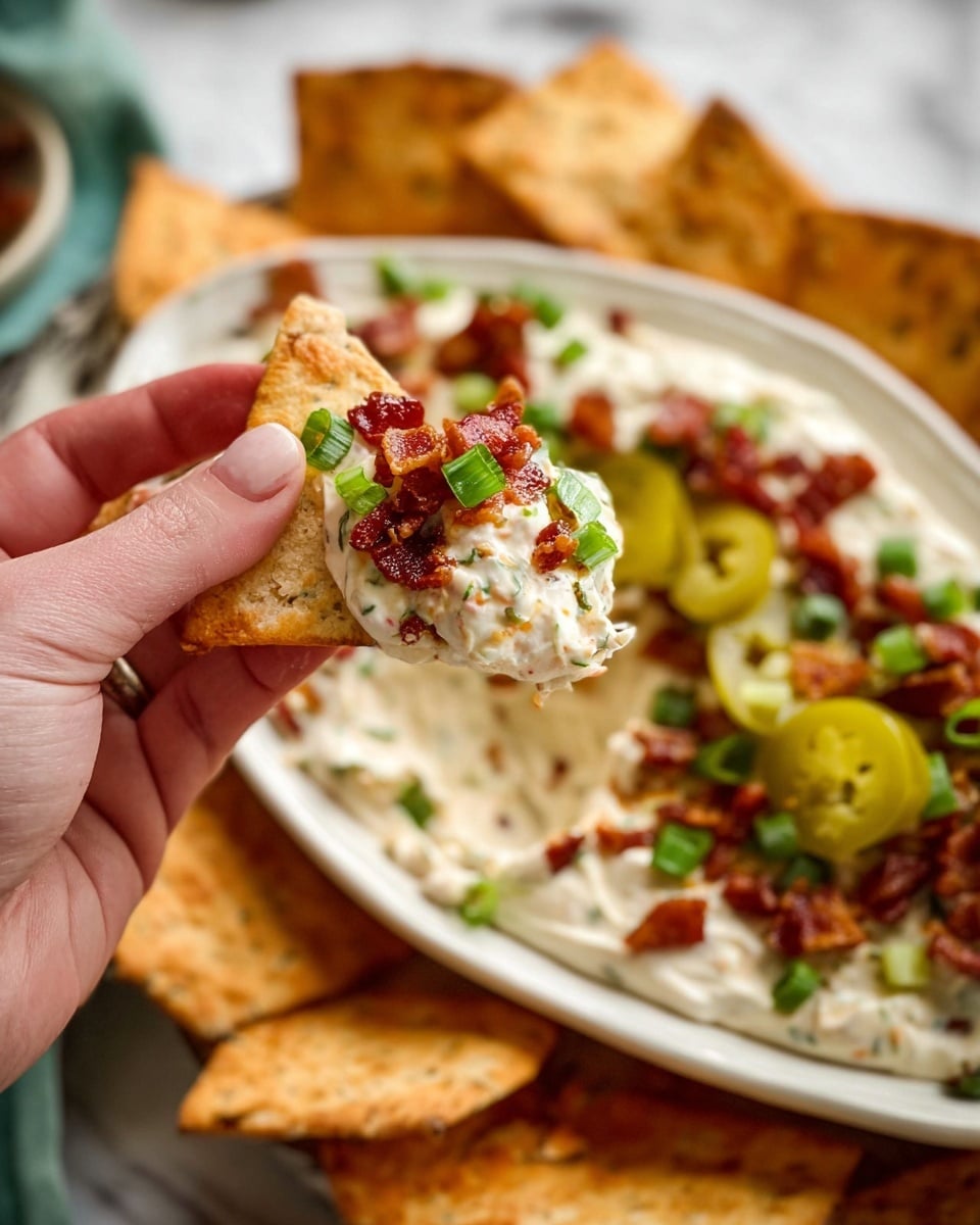 A woman's hand is holding a triangular, light golden brown chip dipped with three visible layers: a thick layer of creamy white dip, topped with small dark red bacon bits, and bright green chopped scallions. In the background, there is a white, oval plate with the same creamy dip spread evenly, decorated with scattered bacon bits, green scallions, and sliced yellow-green pickled peppers in the center. Around the plate, more triangular golden brown chips are partly visible on a white marbled surface. Photo taken with an iphone --ar 4:5 --v 7