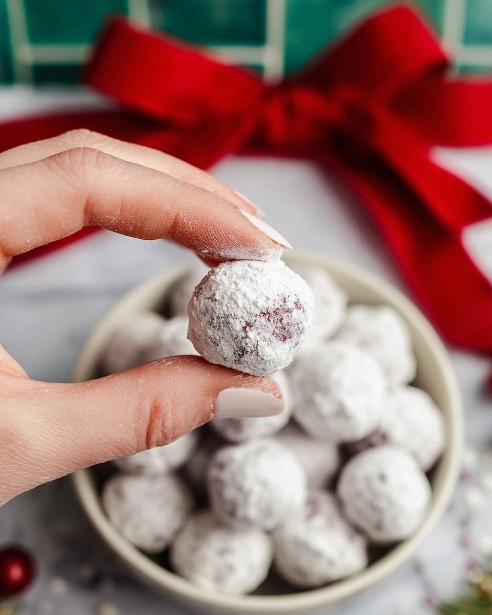 A close-up of a woman's hand holding a small round treat covered in white powdered sugar, showing a slightly reddish-purple hint under the sugar. Below, there is a white bowl filled with many similar powdered treats, all round and dusted white with some reddish spots visible. The background is a white marbled texture with a blurred red ribbon and some green tiles visible behind. Photo taken with an iphone --ar 4:5 --v 7