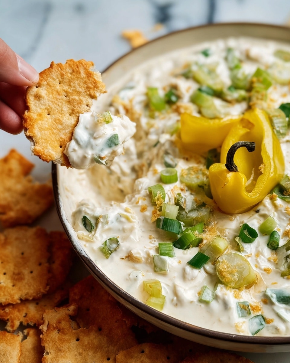 A close-up of a white bowl filled with creamy white dip that has small green sliced onions and yellow chopped peppers mixed inside it, topped with a whole yellow pepper on one side. A crispy, golden-brown cracker partially dipped into the creamy dip is held by a woman's hand on the left side. More broken crackers are scattered on a white marbled surface next to the bowl. The dip appears smooth with a thick texture, showing a mix of green and yellow bits throughout. photo taken with an iphone --ar 4:5 --v 7