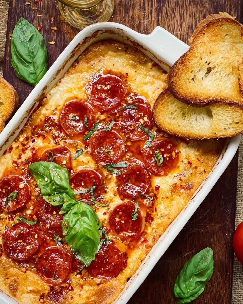 A white rectangular dish filled with a baked pepperoni pizza dip showing multiple layers: at the bottom is a creamy, light orange cheese base, topped with melted golden cheese and red tomato sauce spots, followed by evenly placed round pepperoni slices with a shiny, oily texture, some sprinkled with herbs and red chili flakes. Fresh green basil leaves rest on top and two slices of toasted bread with a crispy, golden-brown crust are placed in the upper corner of the dish. The dish is set on a dark brown wooden surface with a few scattered basil leaves nearby. Photo taken with an iphone --ar 4:5 --v 7