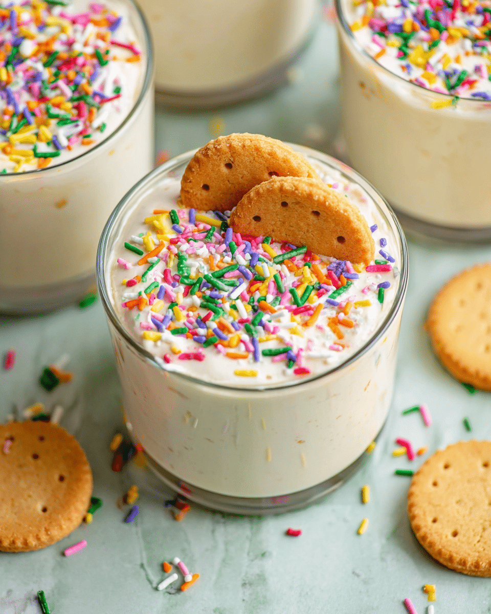 A transparent glass cup filled with a creamy white dessert, topped with colorful sprinkles scattered evenly on the surface and two small golden-brown cookies placed side by side on top. The dessert has a smooth texture and fills the cup completely. The cup is set on a white marbled surface with a few stray sprinkles scattered nearby. Other similar glass cups with the same dessert and decoration are partially visible around the main cup. photo taken with an iphone --ar 4:5 --v 7