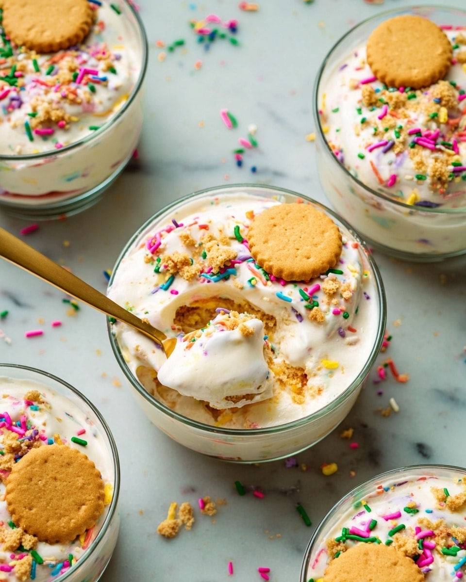 The image shows four glass bowls filled with a creamy white dessert topped with colorful rainbow sprinkles and small round golden cookies. One bowl is scooped with a gold spoon, revealing a smooth and thick texture with some cookie crumbs mixed in. The cookies sit on the creamy surface, adding a crunchy layer on top. The bowls are placed on a white marbled texture, adding a clean and bright background contrast. Each bowl has a similar look of thick cream with multicolored sprinkle bits scattered on top, and the cookies adding a golden touch. Photo taken with an iphone --ar 4:5 --v 7