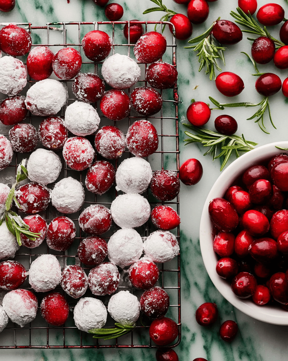 The image shows a cooling rack filled with two layers of cranberries: the bottom layer consists of whole cranberries with a shiny, smooth, deep red skin, scattered naturally, and the top layer has cranberries covered in a rough, powdery white coating of powdered sugar, some with slight red spots where the sugar coating is thin. Around the rack are more fresh cranberries and sprigs of green rosemary, adding texture and color contrast. On the right side, a white bowl holds a small pile of fresh cranberries. All of this is set on a white marbled surface. Photo taken with an iphone --ar 4:5 --v 7