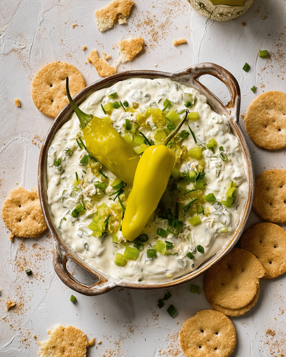 A round dish with two handles holds a creamy white dip with green herbs mixed in as the base layer, topped with chopped green onions and small pieces of bright yellow-green peppers scattered evenly. Two whole yellow-green pepperoncini peppers are placed in the center on top of the dip. Several light brown crackers are placed both on the dip’s edge and around the dish on a white marbled surface with light crumbs scattered nearby. photo taken with an iphone --ar 4:5 --v 7