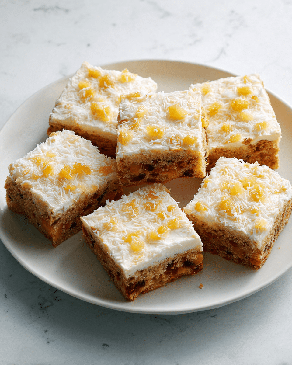A white plate holds six square pieces of cake, each with two visible layers. The bottom layer is dense and brown with small dark and orange pieces inside, showing a rich texture with bits of fruits or nuts. On top, there is a thick, creamy white frosting layer, spread evenly. The frosting is sprinkled with finely shredded coconut and small yellow chunks that resemble pineapple bits, giving a textured and slightly rough look. The plate rests on a white marbled surface. photo taken with an iphone --ar 4:5 --v 7