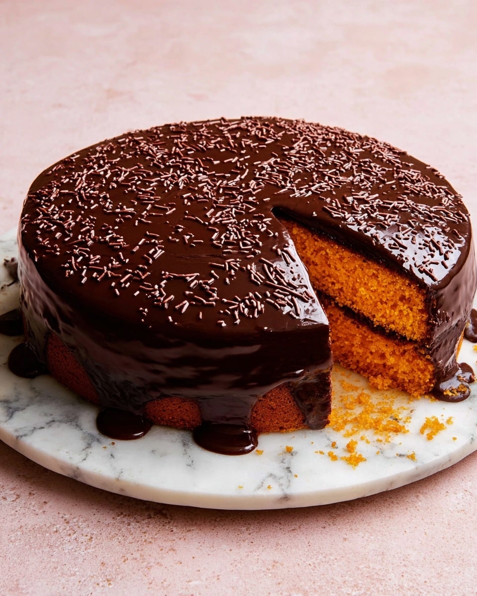 A round cake with a thick layer of shiny dark chocolate glaze covers the entire surface and sides, with some glaze dripping over the edges onto a white marbled plate. The top is decorated with small chocolate sprinkles scattered evenly. One slice is cut out, showing an orange, moist cake layer inside with a soft texture. Crumbs and bits of glaze are visible where the slice is missing. The cake sits on a white marbled plate against a light pink textured background. photo taken with an iphone --ar 4:5 --v 7