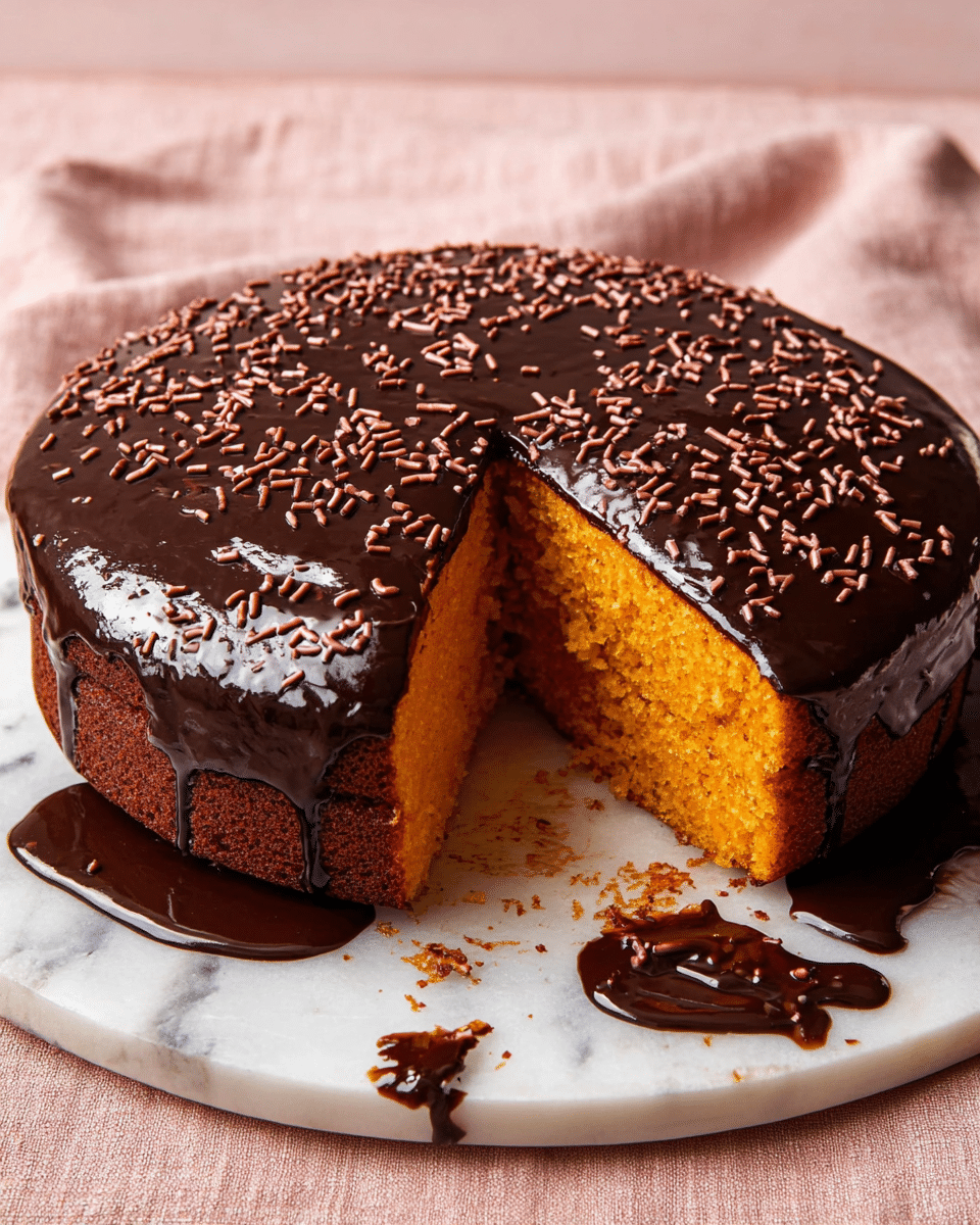 A round cake with two layers, covered fully with shiny dark chocolate glaze that drips over the sides and onto the white marbled surface below. The top of the cake is decorated with small chocolate sprinkles scattered evenly. One slice has been cut out, showing the inside of the cake which is bright orange and moist with a spongy texture. Some crumbs and spilled chocolate glaze are visible on the white marbled surface next to the cut slice. Behind, a soft pink fabric background can be seen. Photo taken with an iphone --ar 4:5 --v 7