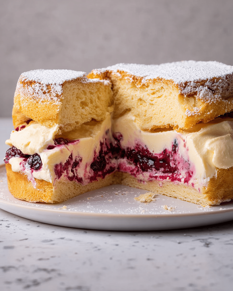 A soft, fluffy cake sits on a white plate on a white marbled surface, with a slice cut out to show three layers inside. The top and bottom layers are light golden-brown and airy with a slightly uneven texture. The middle layer is thick and creamy off-white with swirls of deep red and purple berry filling spread through it. The cake is dusted lightly with white powdered sugar on top. Photo taken with an iphone --ar 4:5 --v 7