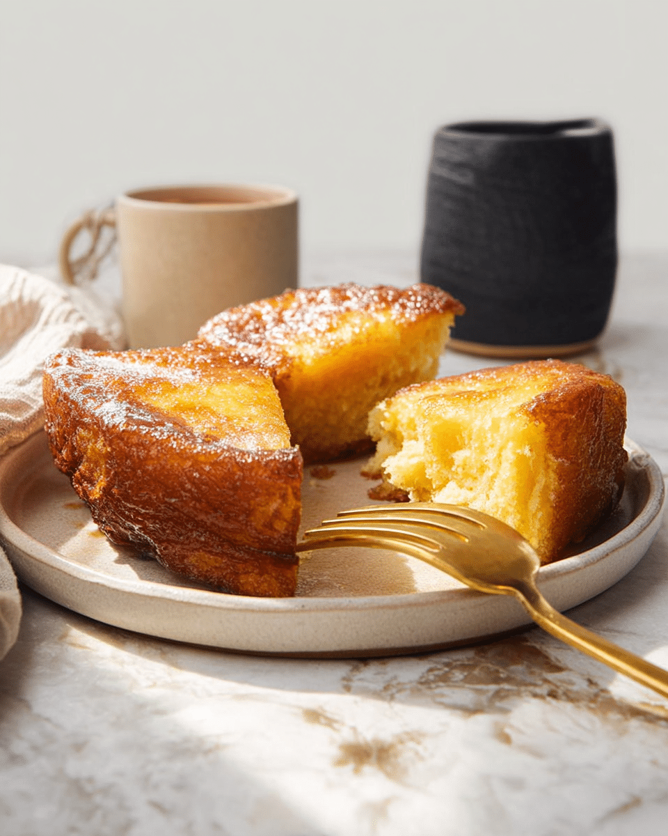 The image shows two thick, golden-brown pieces of fried bread on a white plate. One large piece is standing up, showing a shiny, slightly crispy surface with a glistening texture, while the other piece lies flat. A golden fork holds a bite-sized, fluffy, yellow interior portion of another piece on the right side of the plate. In the background, there is a black ceramic jug beside a light beige cup filled with a hot drink, all set on a white marbled surface with soft natural light. photo taken with an iphone --ar 4:5 --v 7