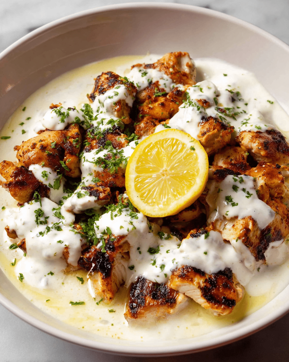 A white bowl filled with several pieces of browned, grilled chicken arranged in a loose pile as the base layer, topped with a thick, creamy white sauce that covers most of the chicken but allows some pieces to peek through, drizzled lightly with golden olive oil around the edges, and sprinkled with fresh green chopped herbs scattered evenly on top, finished with a small lemon wedge placed on the sauce near the center; the bowl sits on a white marbled surface with pita bread partially visible in the corner and a small white spoon holding a lemon wedge in the background. Photo taken with an iphone --ar 4:5 --v 7