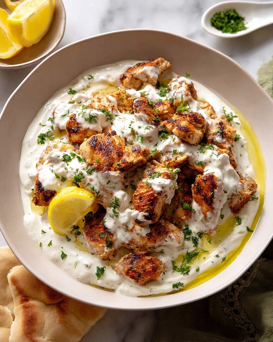 The image shows a white bowl filled with several pieces of grilled chicken that have a golden brown and slightly charred texture. The chicken pieces are covered with a creamy white sauce that is drizzled over the top, pooling around the chicken at the base. On top of the sauce is a sprinkling of finely chopped green herbs, adding a fresh contrast. A single lemon wedge with a bright yellow color sits in the center of the dish, resting on the chicken and sauce. The bowl is placed on a white marbled surface. photo taken with an iphone --ar 4:5 --v 7