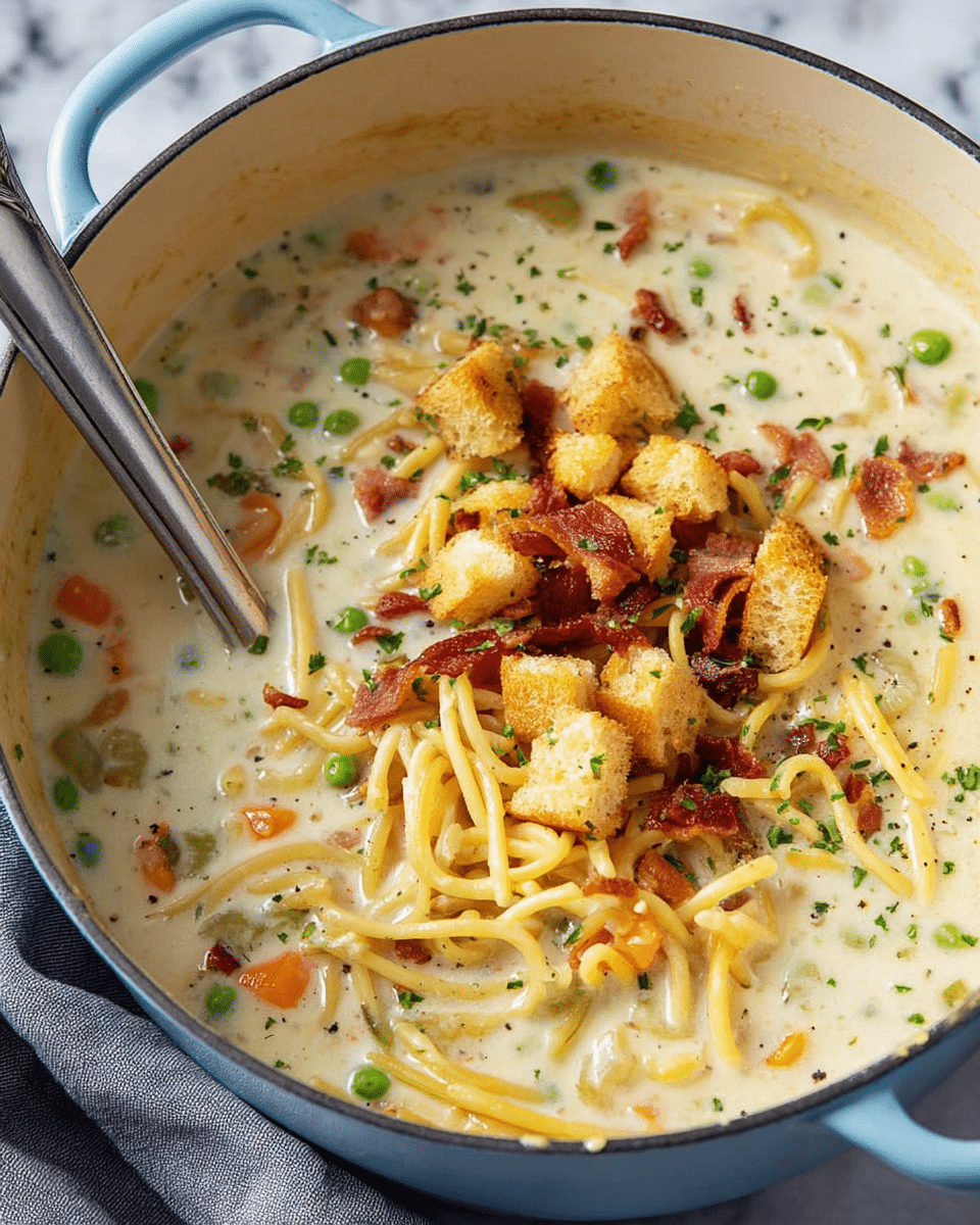 A close-up view of a creamy white soup in a light blue pot, filled with thin yellowish noodles, green peas, small orange carrot pieces, and bits of light green celery mixed throughout. The soup is thick and smooth with a rich, milky texture, and it is topped with golden brown croutons and tiny crispy bacon bits, lightly sprinkled with green herbs. A large silver ladle is partially submerged in the soup, resting on the left side of the pot. The pot sits on a white marbled surface next to a soft gray cloth. Photo taken with an iphone --ar 4:5 --v 7