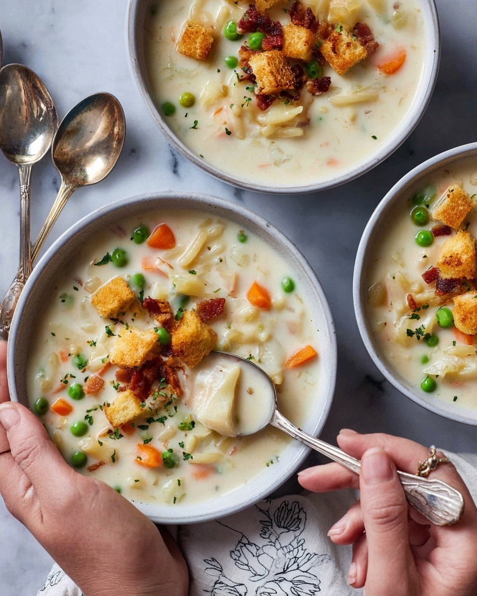 Three white bowls on a white marbled surface, each filled with thick, creamy white soup containing visible chunks of bright orange carrot, green peas, and celery. The soup has soft white noodles mixed inside, topped with golden brown croutons and small crispy brown bacon bits. A woman's hand holds one bowl at the bottom while a woman's hand with a spoon scoops from it. Two silver spoons rest nearby on a white cloth with a subtle leaf pattern. photo taken with an iphone --ar 4:5 --v 7