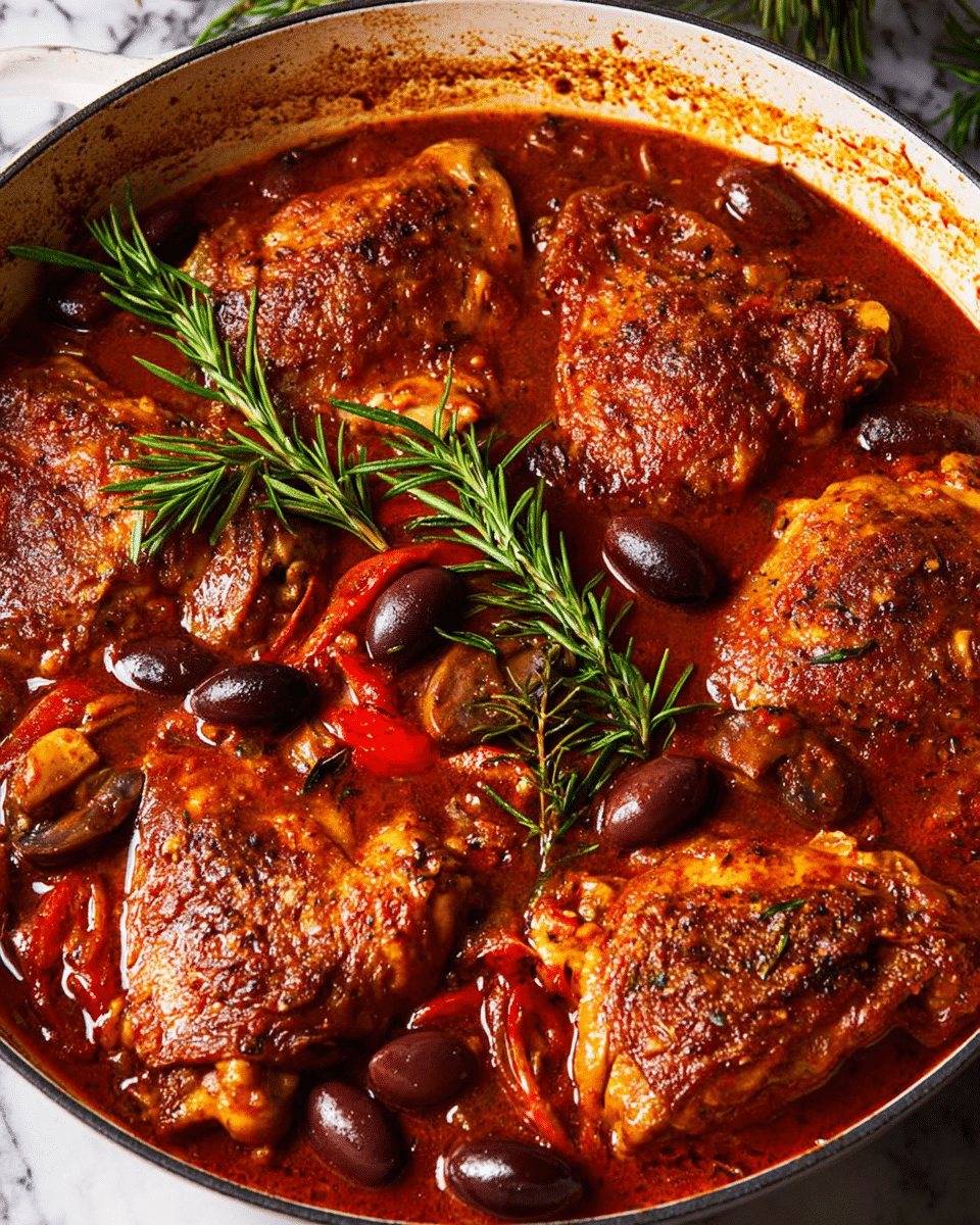 A shallow white pan is filled with six browned chicken thighs partially submerged in a rich, reddish-brown sauce. The sauce has a smooth but slightly chunky texture with visible pieces of sliced red peppers, dark purple olives, and thin slices of mushrooms scattered throughout. Sprigs of fresh green rosemary are placed on top of the chicken thighs, adding a fresh contrast to the warm colors. The edge of the white pan shows some sauce splatters, indicating the dish has been simmered. The background has a white marbled texture, enhancing the rustic and hearty look of the meal. Photo taken with an iphone --ar 4:5 --v 7