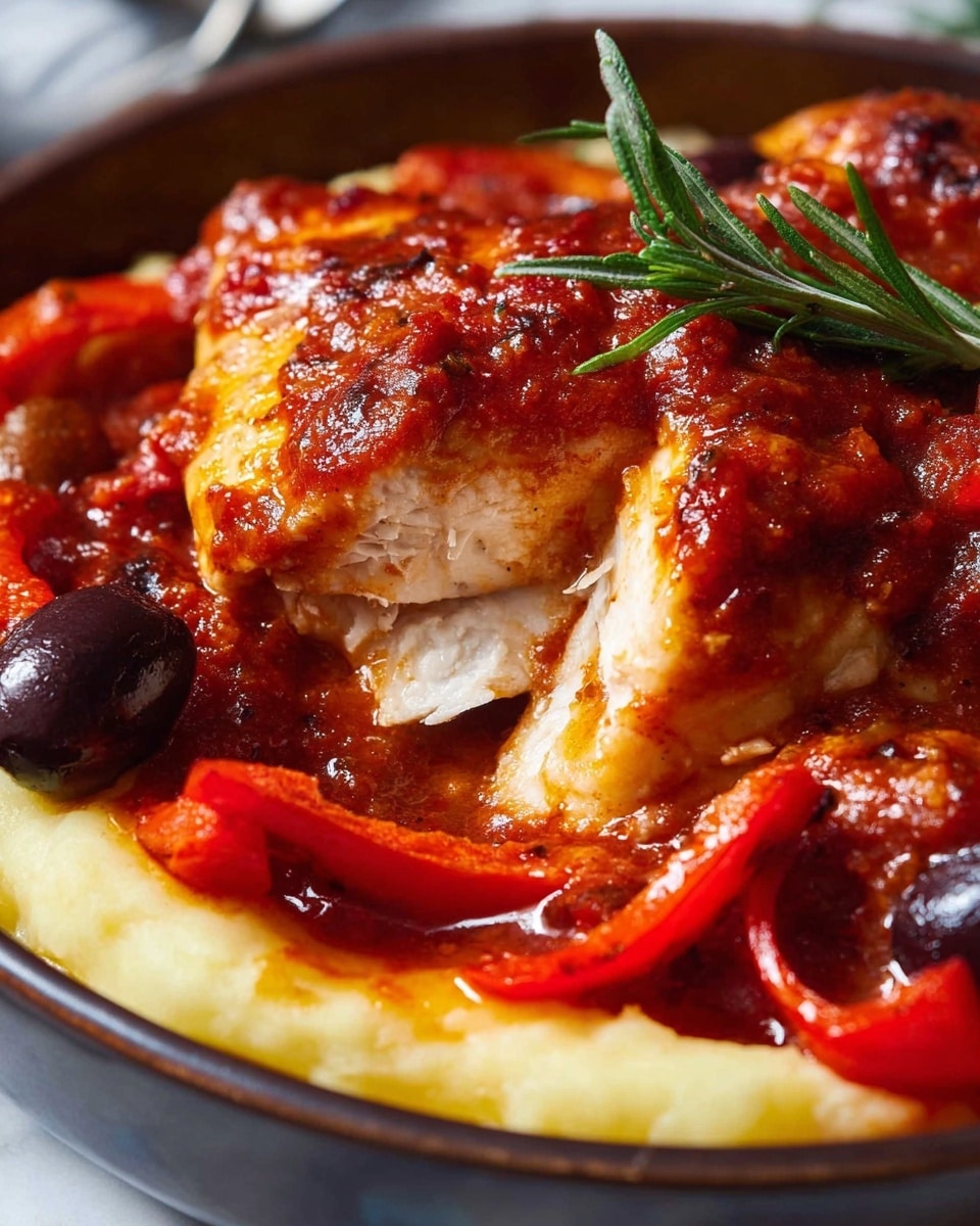 The image shows a close-up of a dish with two thick pieces of cooked chicken covered in a rich, chunky red tomato sauce layered on top. The chicken is juicy and white inside, with the sauce clinging to the outside. Beneath the chicken, there is a smooth, creamy light yellow layer of mashed potatoes, partially visible in the foreground. Around the chicken, bright red roasted bell pepper strips and a single dark purple olive add color contrast. A small green rosemary sprig is placed on top for garnish. The dish is in a round container with a dark rim, all placed on a white marbled surface. Photo taken with an iphone --ar 4:5 --v 7