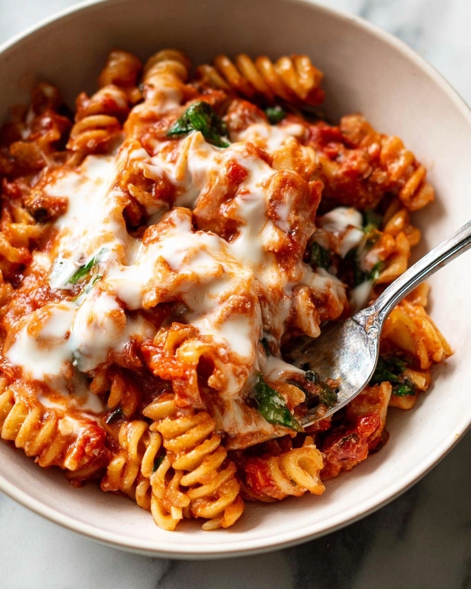 The image shows a close-up of a bowl filled with cooked fusilli pasta coated in a thick, red tomato sauce with visible chunks of tomato and bits of green basil leaves mixed throughout. On top of the pasta, there is a layer of creamy white cheese sauce that looks slightly melted and spreads unevenly across the pasta spirals. A silver spoon is inserted into the pasta near the right side of the bowl. The bowl is white and sitting on a white marbled surface. photo taken with an iphone --ar 4:5 --v 7