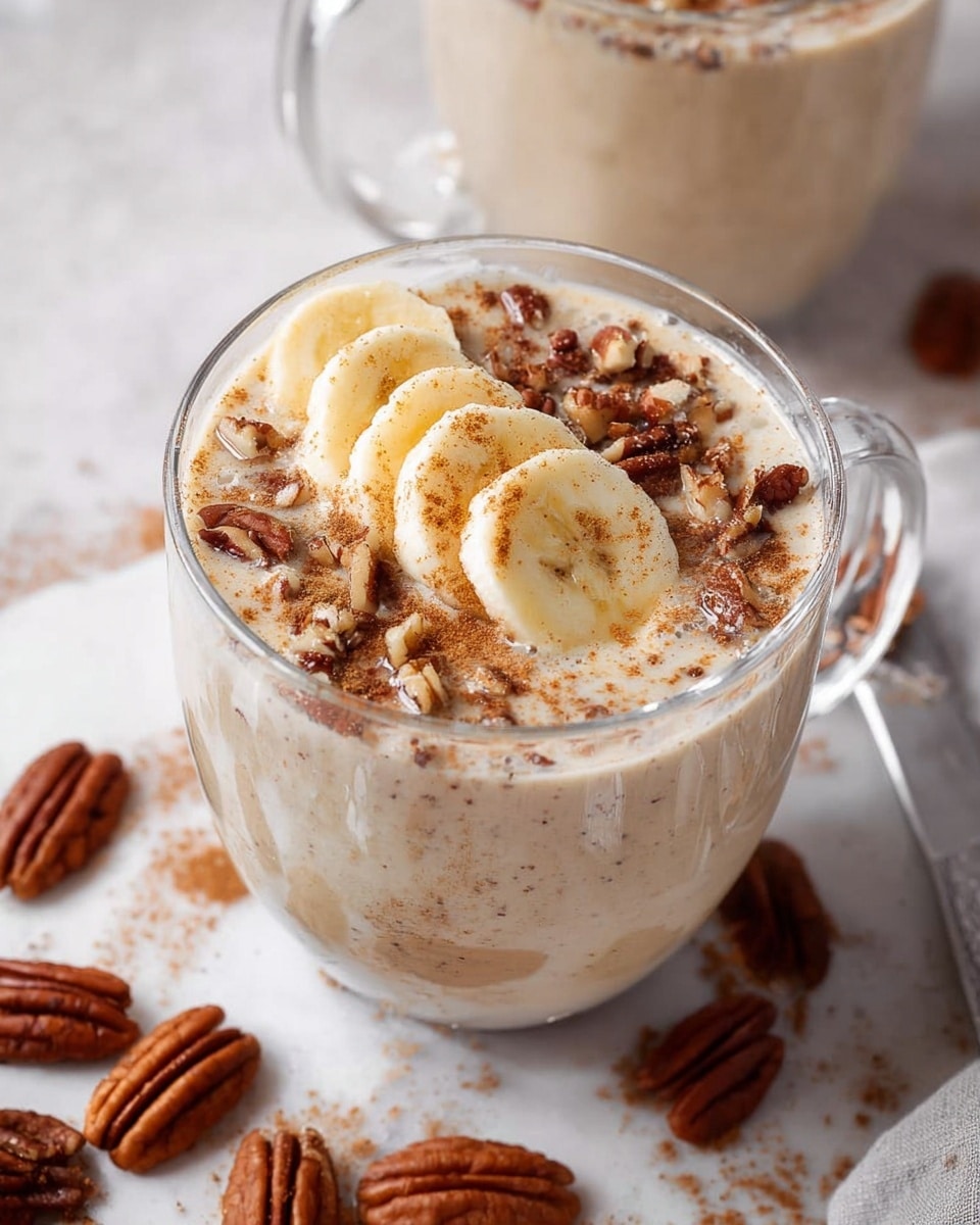 A clear glass mug holds a creamy, light brown drink topped with three banana slices placed side by side near the edge, a dusting of cinnamon powder spread unevenly across the surface, and chopped pecans scattered mainly in the center and around the edges. Around the mug, whole pecans lie on a white marbled surface, matching the white dish underneath the mug. The scene is softly lit, highlighting the texture of the drink and nuts, with a second similar mug blurred in the background. photo taken with an iphone --ar 4:5 --v 7