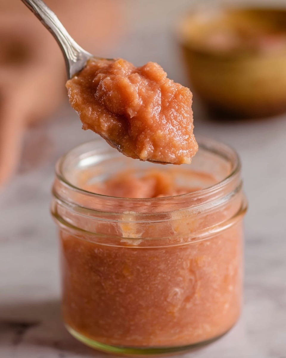 A close-up view of a clear glass jar filled with a thick, chunky pinkish-orange mixture with small visible pieces, with a metal spoon lifting a scoop of the textured mixture above the jar. The background shows a blurred bowl and a white marbled surface beneath. The jar is open, showing the dense, slightly glossy content with uneven texture, making it look fresh and natural. photo taken with an iphone --ar 4:5 --v 7