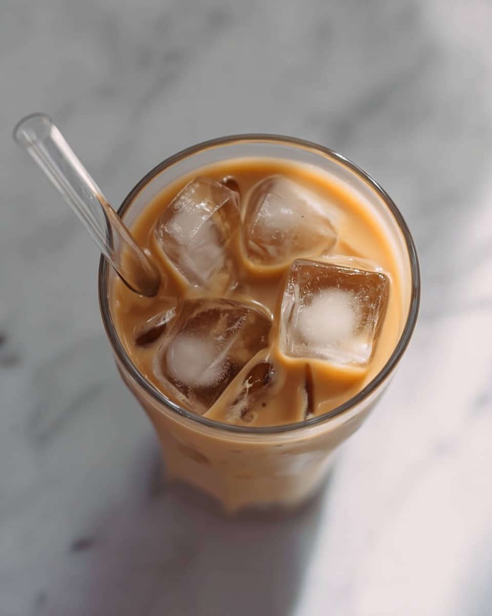 A clear glass filled with light brown iced coffee, topped with several large, clear ice cubes floating on the surface. A transparent straw is placed on the left side, slightly submerged in the drink. The glass sits on a white marbled surface with soft lighting, creating a smooth and fresh look. photo taken with an iphone --ar 4:5 --v 7